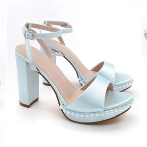 Kailee P Athena Satin Platform Block Heel Wedding Sandals with Pearls‎
